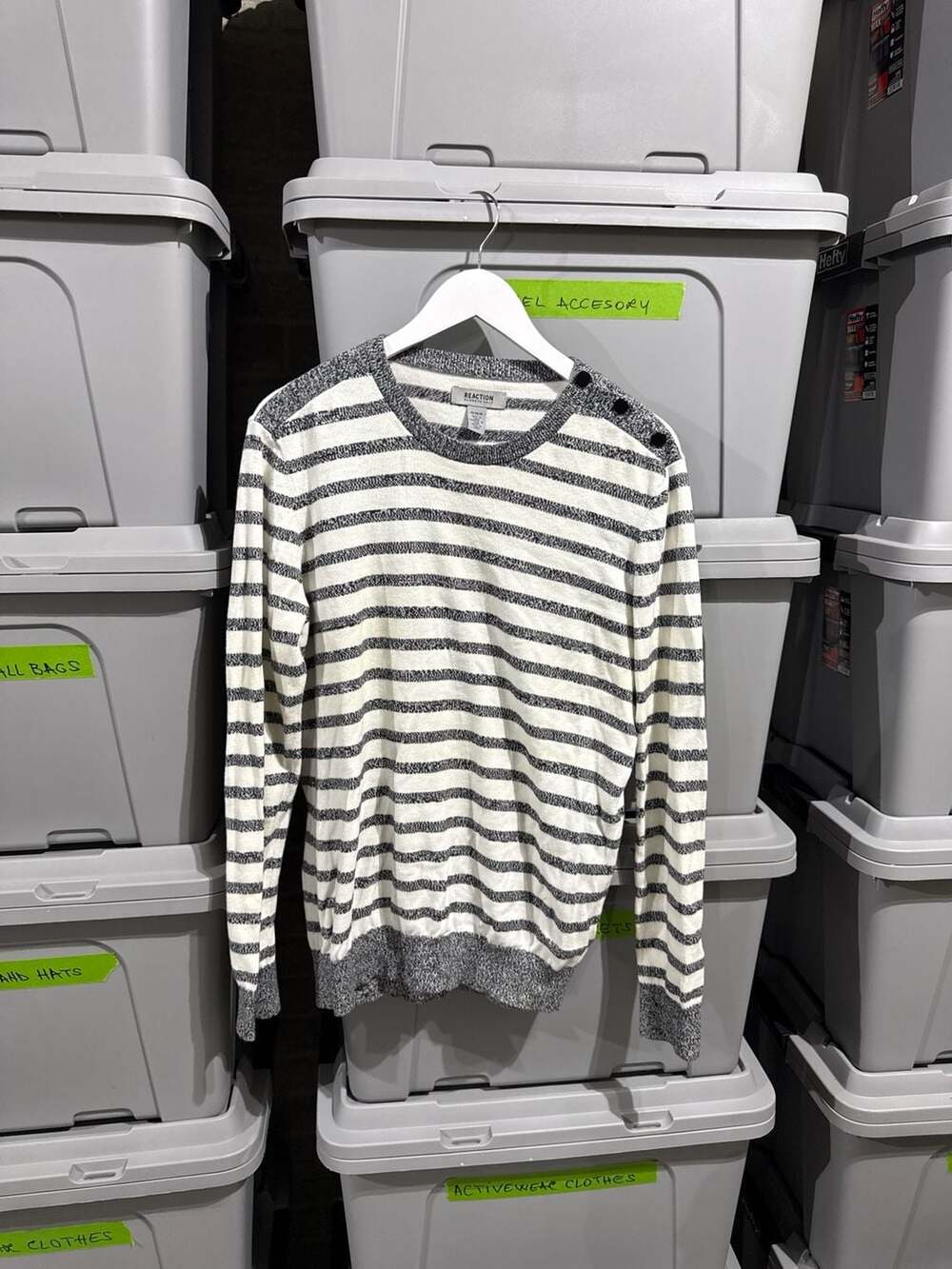 Kenneth Cole Reaction Women's Striped Crewneck Sweater with Shoulder Buttons